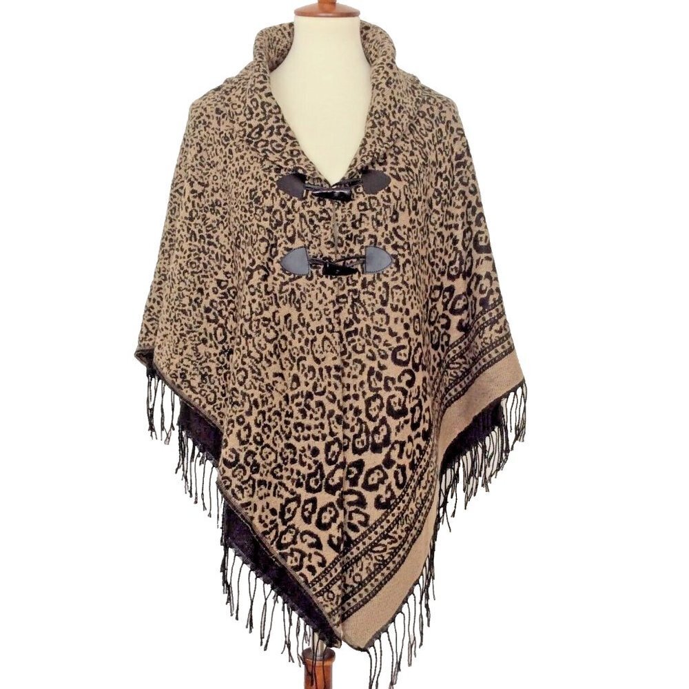 Fringed Animal Print Open Poncho Wrap Shawl With Frog Button Closures NWOT